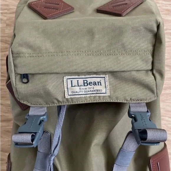 L.L. Bean Olive Canvas Backpack with Brown Leather Accents - Picture 3 of 12